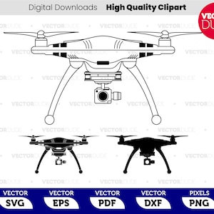 Puede incluir: Un dibujo en blanco y negro de un dron con cuatro hélices y una cámara unida a la parte inferior. El dron se muestra en dos posiciones, una con la cámara mirando hacia adelante y la otra con la cámara mirando hacia abajo. La imagen incluye el texto "VECTOR DUDE" en un círculo rojo.