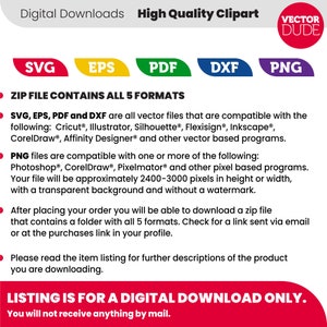 Może przedstawiać: Lista cyfrowego pobierania dla wysokiej jakości grafiki clipart. Lista zawiera pięć format&oacute;w plik&oacute;w: SVG, EPS, PDF, DXF i PNG. Tekst "ZIP FILE CONTAINS ALL 5 FORMATS" jest wyświetlany pogrubioną czcionką w kolorze czerwonym. Tekst "LISTING IS FOR A DIGITAL DOWNLOAD ONLY. You will not receive anything by mail." jest wyświetlany pogrubioną czcionką w kolorze czarnym.