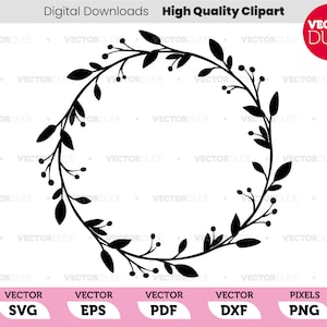 May include: Black silhouette of a wreath made of leaves and berries. The wreath is circular and has a simple design.