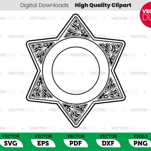 May include: Black and white outline of a five-pointed star with a circle in the center. The star has decorative details around the points and the circle.