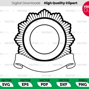 May include: Black and white outline of a circular badge with a scroll banner. The badge has a decorative border and a blank space in the center for text or an image.