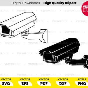 May include: A black and white illustration of a security camera. The camera is angled down and has a rounded dome shape. The camera is mounted on a wall bracket.