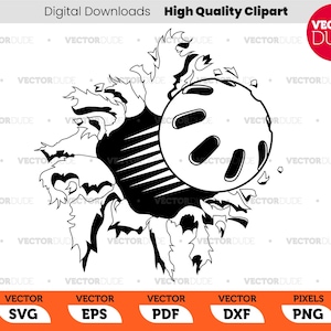 May include: Black and white illustration of a round, textured ball with a hole in the center. The ball is surrounded by a jagged, torn edge, suggesting it is breaking through a surface.