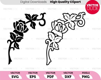 May include: Black and white silhouette of a rose vine with leaves and flowers. The vine is curved and has a decorative flourish at the end.