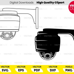 May include: A black and white illustration of a security camera with a dome shape and a mounting bracket. The camera is facing downwards.
