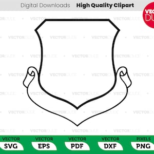 May include: A black and white outline of a shield with a scroll at the bottom. The shield is a traditional heraldic shape with a pointed bottom and rounded top. The scroll is curled at the top and bottom.
