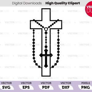 May include: Black and white silhouette of a cross with a rosary hanging from it.