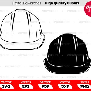 May include: A black and white outline of a hard hat, a type of safety helmet, commonly worn by construction workers. The hard hat is shown in both a filled-in black and an outline version.