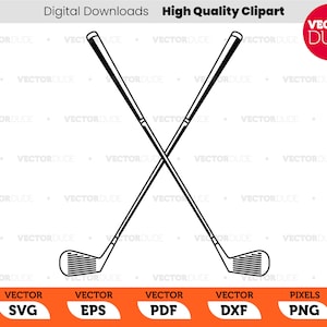 May include: Two black golf clubs crossed over each other. The clubs have a traditional design with a rounded head and a straight shaft.