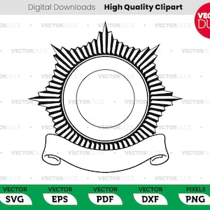 May include: A black and white illustration of a starburst with a circle in the center and a banner underneath. The starburst has a pointed design and the circle is empty.