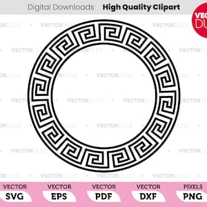 May include: Black and white geometric circle design with a Greek key pattern. This design is perfect for creating logos, patterns, or borders.