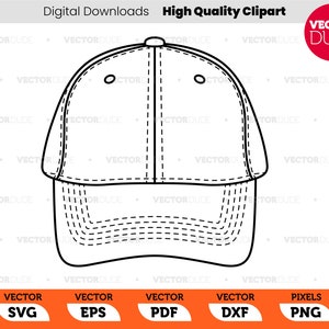 May include: A monochrome illustration of a baseball cap. The cap features a curved peak and a structured crown, with detailed stitching. The image includes the text "Digital Downloads High Quality Clipart" and "VECTOR DUDE".