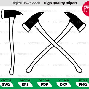 May include: Two black firefighter axes with wooden handles are crossed in an X shape. The axes are isolated on a white background.