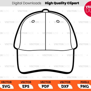 May include: A black and white outline of a baseball cap. The cap has a curved brim and a flat top. The cap is a blank template for customizing.