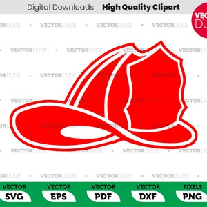May include: A red and white firefighter hat with a brim. The hat is a simple outline with no details.