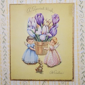 Ángeles con azafrán,Tarjeta de Pascua vintage