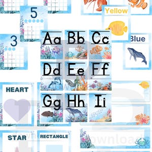 Pacote de sala de aula com tema de oceano, gráficos de sala de aula de oceano, cartões do alfabeto de oceano, números de oceano, download digital