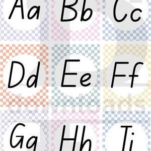 May include: A grid of nine squares, each featuring a letter of the alphabet in both uppercase and lowercase. The letters A through I are displayed in a black, handwritten style within white circles. The background of each square has a checkered pattern in pastel colors.