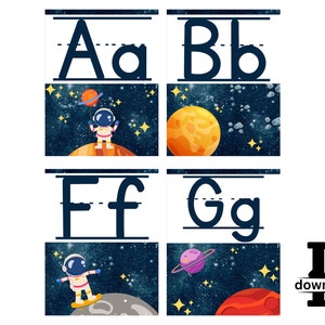 May include: A set of four printable alphabet flashcards featuring uppercase and lowercase letters A, B, F, and G. Each card has a space-themed illustration with an astronaut, planets, and stars.