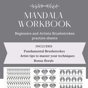 以下が含まれることがあります： 「MANDALA WORKBOOK」というタイトルの白黒のマンダラワークブック。テキストには「Beginners and Artists Brushstrokes practice sheets」「INCLUDES Fundamental Brushstrokes Artist tips to master your techniques Bonus florals」「BY JYOTHI KRISHNA GUNNAM」と記載されています。ワークブックには、さまざまなマンダラの練習シートが含まれています。