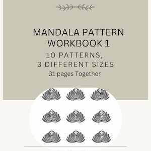 Op de afbeelding: Een digitale download van een mandala patroon werkboek met 10 patronen in 3 verschillende maten. De omslag heeft een grijze achtergrond met een bloemmotief en de tekst "MANDALA PATTERN WORKBOOK 1, 10 PATTERNS, 3 DIFFERENT SIZES, 31 pages Together, BY JYOTHI KRISHNA GUNNAM".
