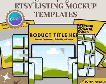 Etsy リスティング モックアップ: Canva の編集可能なテンプレート 100 種類 (MRR/PLR、デジタル製品対応、ドラッグ & ドロップ モックアップ付き)