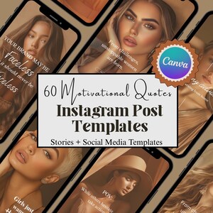 Puede incluir: Maqueta de producto digital con pantallas de teléfonos inteligentes que muestran imágenes de mujeres. El gráfico central dice "60 Plantillas de publicaciones de Instagram con citas motivadoras" con texto adicional. Se ve un logotipo de Canva.