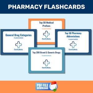 Lot de cartes mémoire pour pharmacies : catégories de médicaments, 200 médicaments principaux, préfixes médicaux, abréviations RX | Téléchargement instantané PDF | Aide à l'étude Pharm Tech
