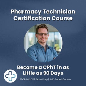 May include: An advertisement for a Pharmacy Technician Certification Course. The image shows a man in a blue shirt and glasses, set against a dark blue background. Text includes "Pharmacy Technician Certification Course" and "Become a CPhT in as Little as 90 Days."