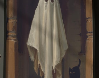 PRINTABLE Ghost and Halloween Cat, Vintage Style, Halloween Wall Art, Digital Download
