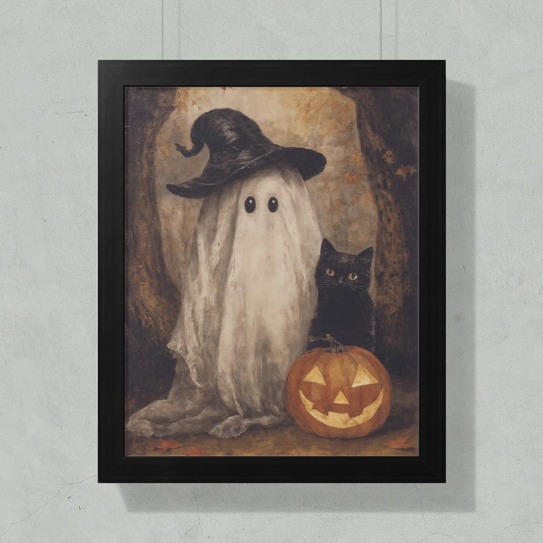 PRINTABLE Vintage Halloween Print, Cute Ghost & Halloween Cat Wall Art ...