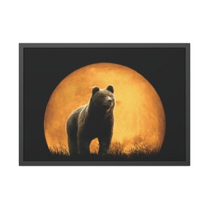 Grizzly Bear And Moon Wall Art, Grizzly Bear Digital Print, Framed Horizontal Paper Poster