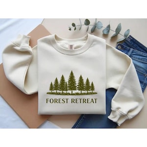 Forest Retreat Crewneck Sweatshirt, Green Tree's Graphic Pullover, Minimalist Nature Lover Sweater For Women