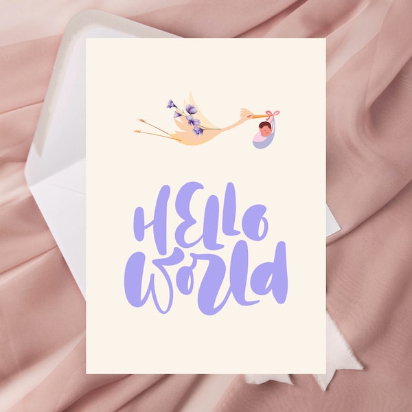 Hello World, Baby Shower, Printable, Digital Blank Card, Instant PDF Download, Print At Home, New Born Card