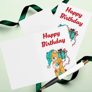 Teddy Bear With Hat And Present Birthday Card, Teddy Bear Art Birthday Card, Kids Birthday Card, Set Of 5 Cards With Envelopes