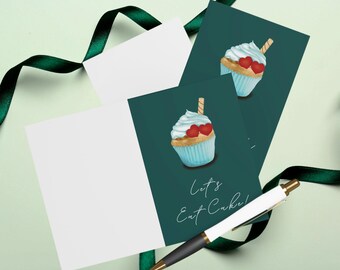 Let's Eat Cake Birthday Card, Cup Cake Art Birthday Card, Happy Birthday Card, Set Of 5 Cards With Envelopes