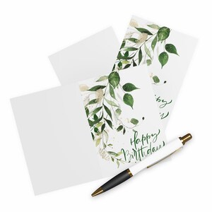 Green Leaves With Gold Design Birthday Card, Nature Birthday Card, Happy Birthday Card, Set Of 5 Cards With Envelopes