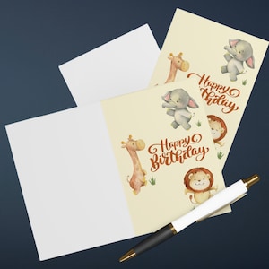 Safari Animals Birthday Card, Wild Animals Art Birthday Card, Kids Birthday Card, Set Of 5 Cards With Envelopes