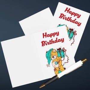 Teddy Bear With Hat And Present Birthday Card, Teddy Bear Art Birthday Card, Kids Birthday Card, Set Of 5 Cards With Envelopes