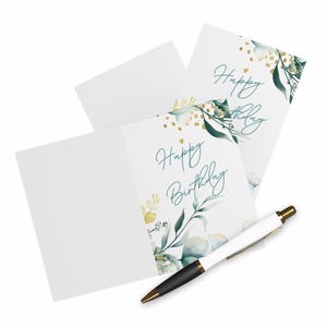 Green Leaves With Gold Design Birthday Card, Nature Birthday Card, Happy Birthday Card, Set Of 5 Cards With Envelopes