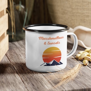 Marshmallows And Sunsets Enamel Camping Mug, Nature Camping Mug, Outdoor Camping Mug