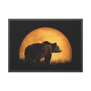 Grizzly Bear Facing The Moon Wall Art, Grizzly Bear Digital Print, Framed Horizontal Paper Poster