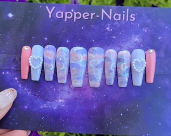 Purple-Pink Starry Night Sky Press on Nail set, With Heart Pearl Charms and Rhinestone Accents