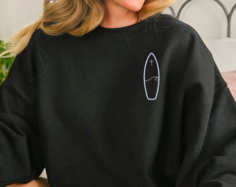 Surfboard Wave Sweatshirt, Christian Shirt, Ocean Surf Crewneck, Minimalist Sweater, Gift for Her, Ocean, Faith, Religious Gift