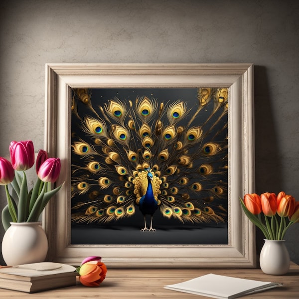 Gold and black peacock bird , Digital Print Download, Digital Download Wall Print, Wall Decor,Printable Wall Art