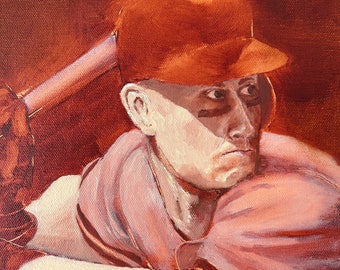 Portrait original à l'huile d'un joueur de baseball au bâton