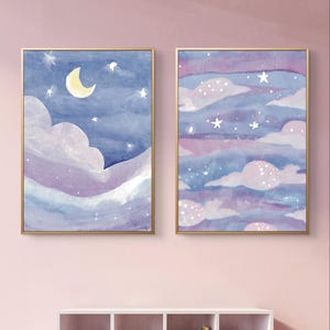 Watercolor Night Sky Wall Art, Moon and Stars Prints, Nursery Wall Decor Set, Dreamy Cloud Bedroom Art, Digital Download