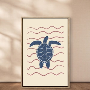 Sea Turtle Wall Art – Blue & Pink Coastal Print – Digital Ocean Poster Download