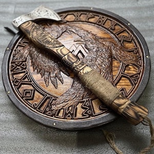 Viking Ravens Shield & Axe Set, Viking Round Shield, Wood Carved Shield, Viking Wall Decor, Cosplay Shield, Birthday and Collectible Gift