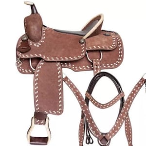 Handcrafted Leather Western Saddle | Durable Horse Saddle with Bridle | Brown Equestrian Saddle | Adjustable Riding Saddle | Horseback Gear